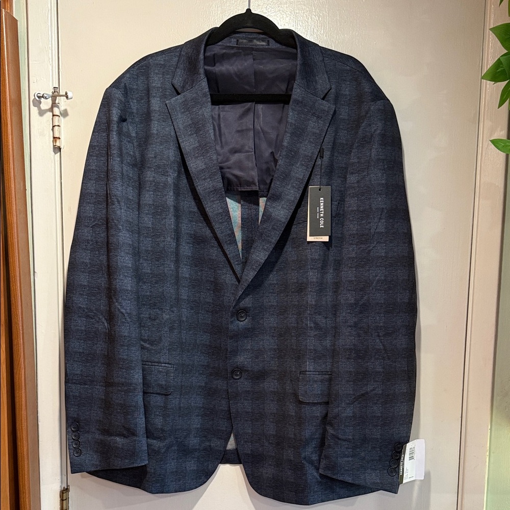 Kenneth Cole Mens Blazer Blue Check Stretch Pockets Side Vents Notch Lapel - XXL